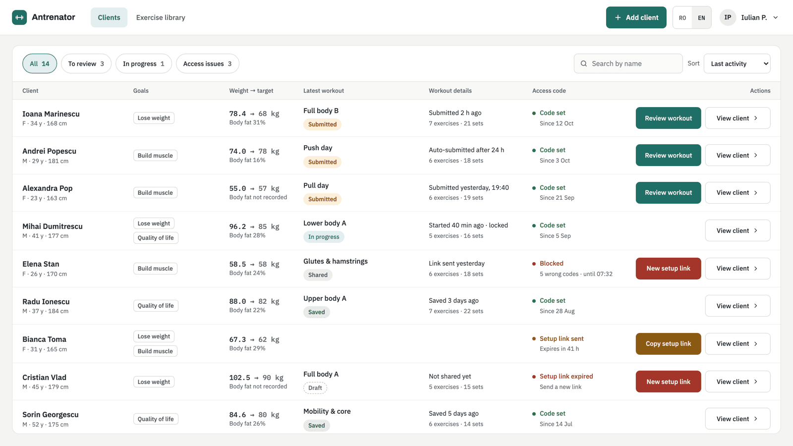 The Antrenator client list, showing each client's goals, weight against target, latest workout and access-code state