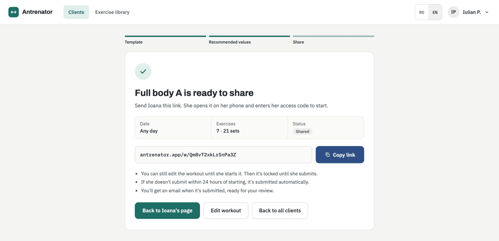 The link the client receives for their workout