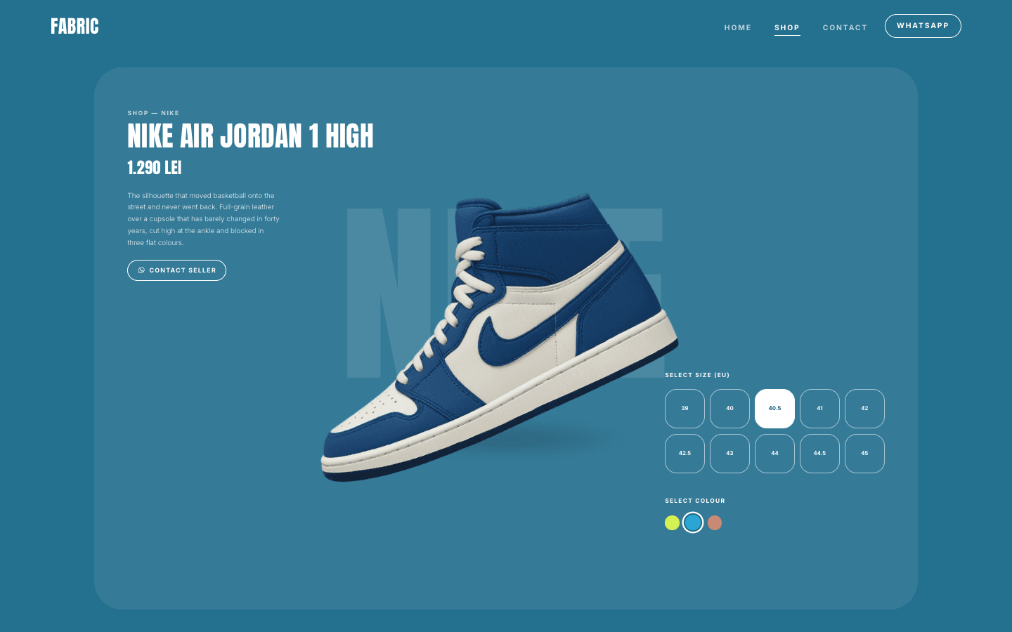 The same product page in True Blue - background, type, buttons and watermark have all re-themed