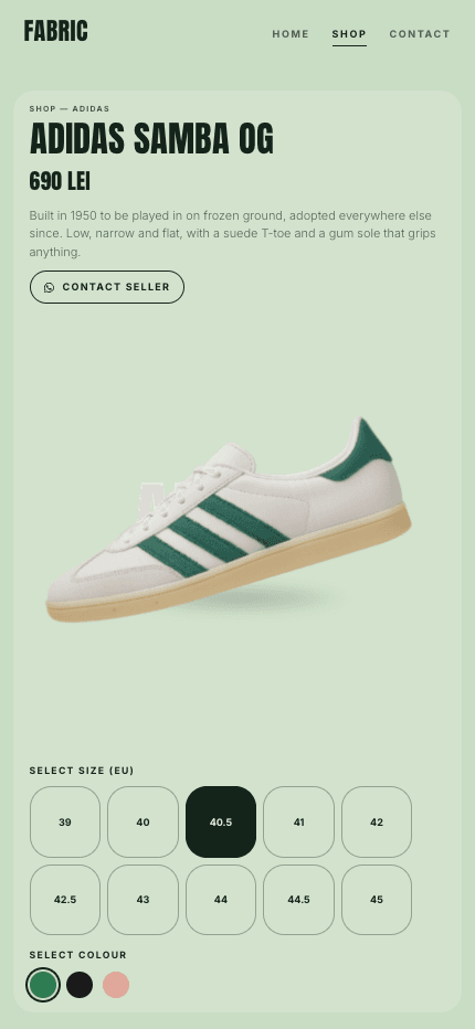 A product page on a phone - the Samba OG in green, with thumb-sized size and colour pickers