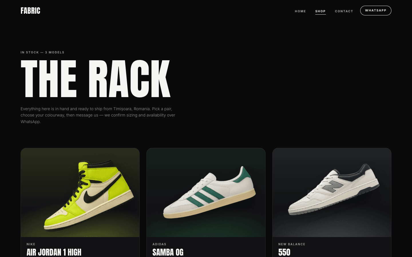 The rack - the shop index, with the three models in stock