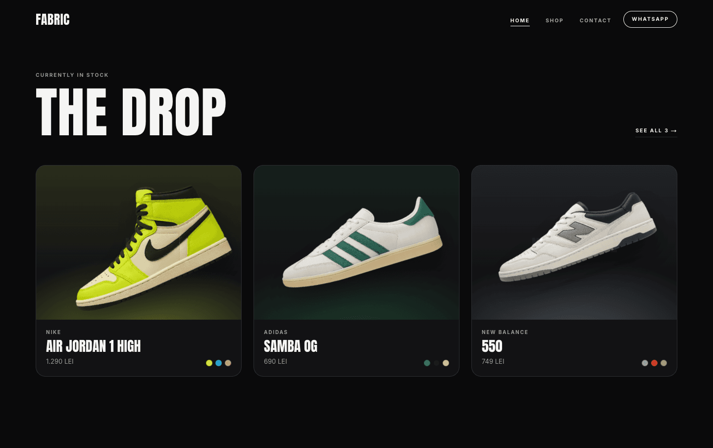 The drop - the in-stock grid on the home page, three product cards with price and colourway dots
