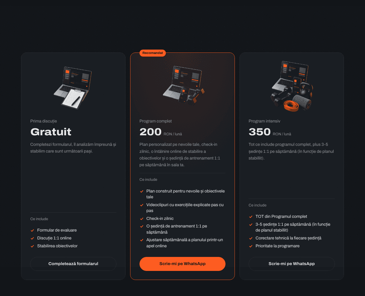 Cele trei programe, cu prețuri și beneficii afișate
