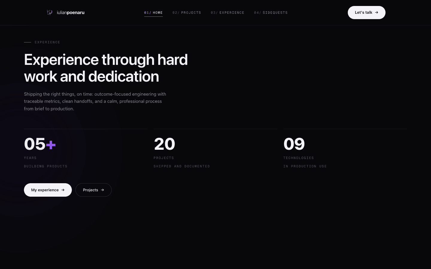 The experience section with animated counters for years, projects and technologies