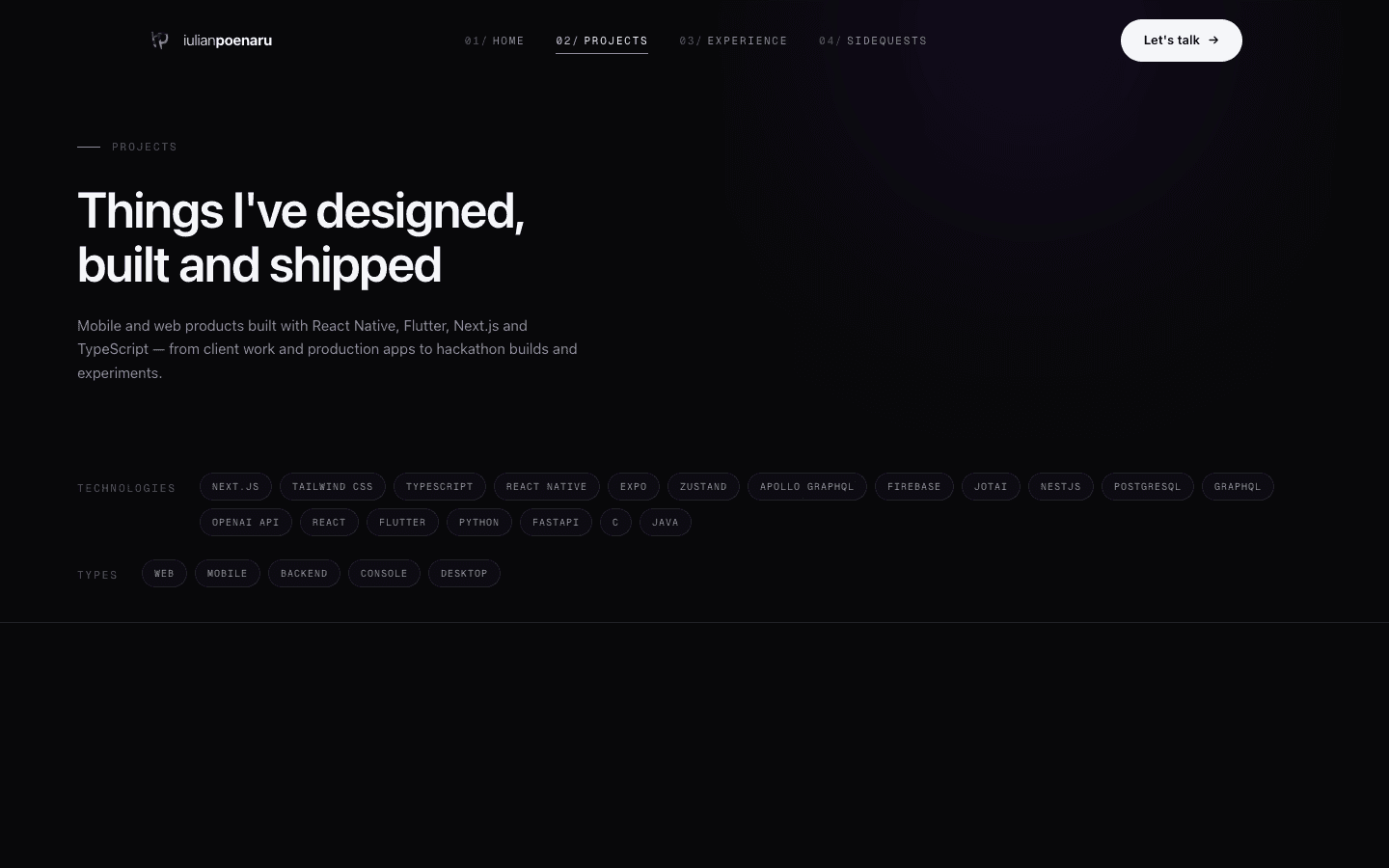 The projects page with technology and type filters above the full project list