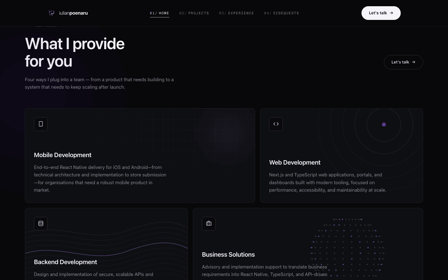 The services section - four cards covering mobile, web, backend and business solutions