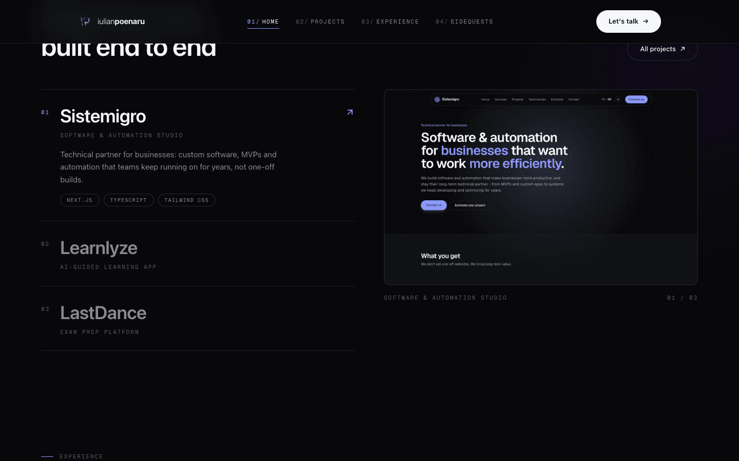 The selected-work section with Sistemigro, Learnlyze and LastDance, and a live preview of the selected project