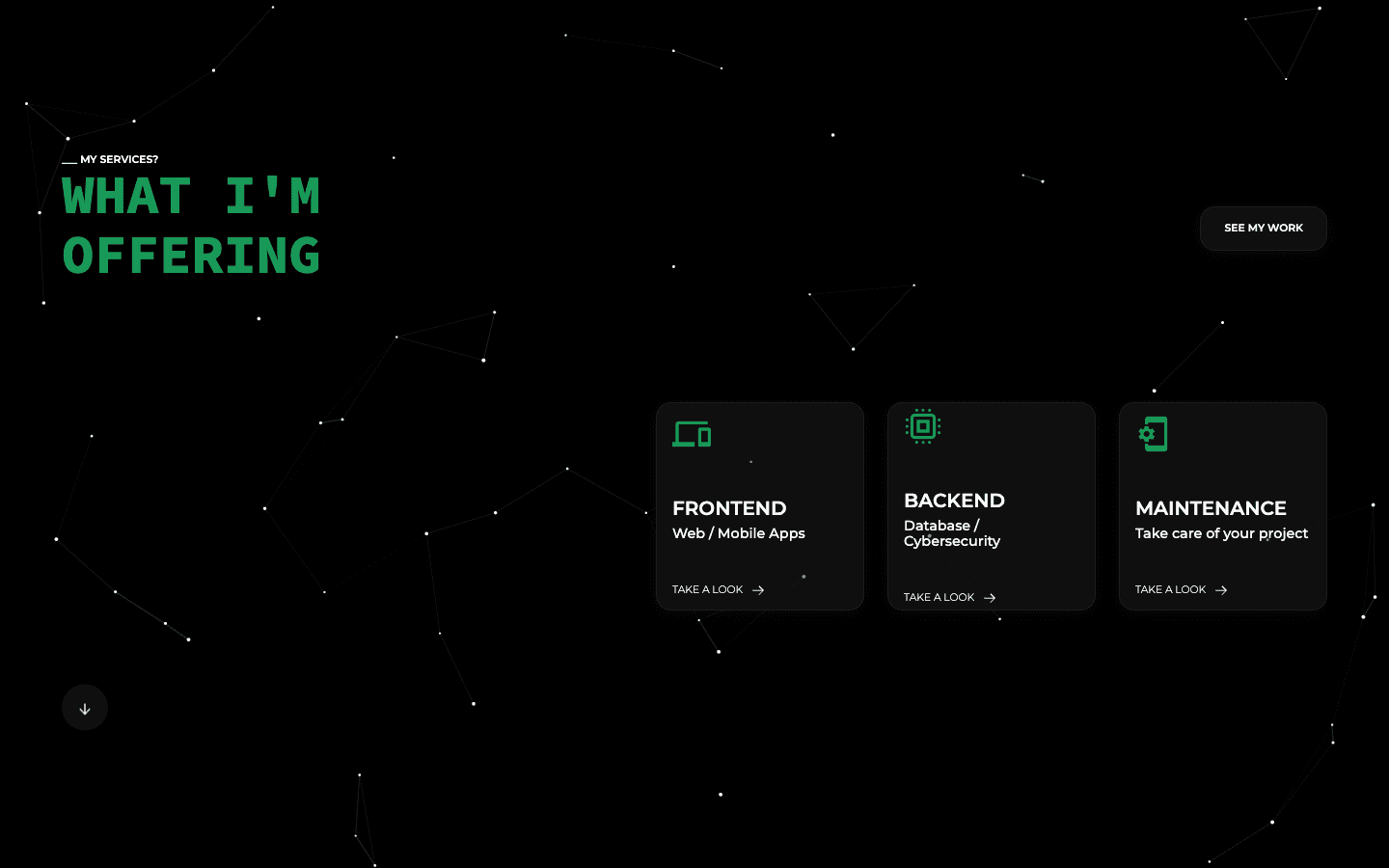 The services section with frontend, backend and maintenance cards