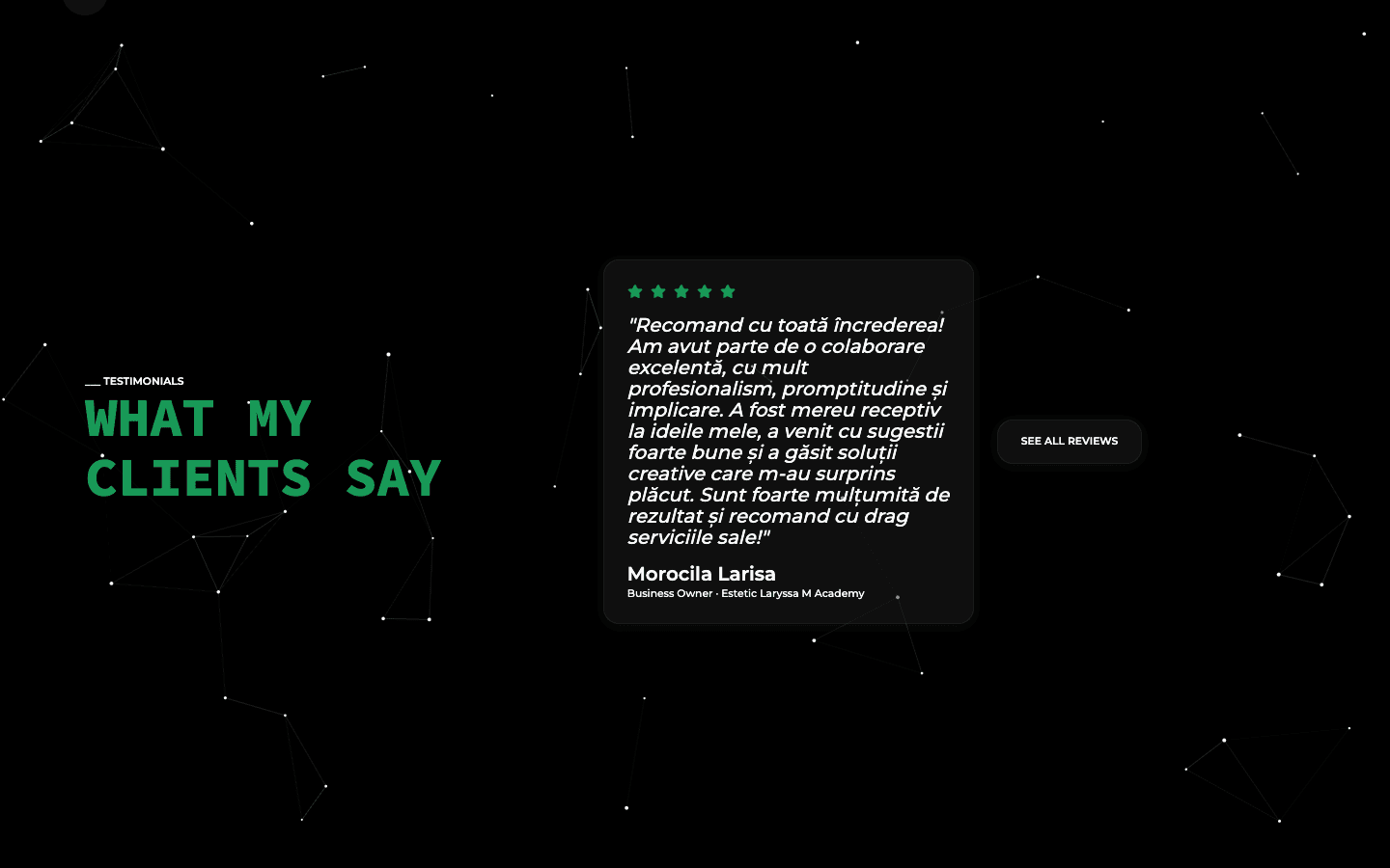 The testimonials section showing a five-star review from the owner of Estetic Laryssa M Academy